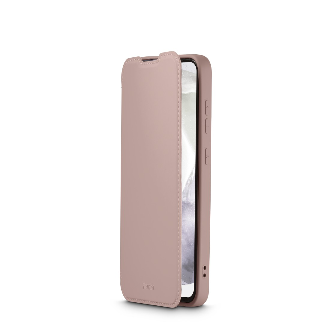 Smartphone in rosa Lederhülle. Die Hülle ist offen und zeigt den Bildschirm.