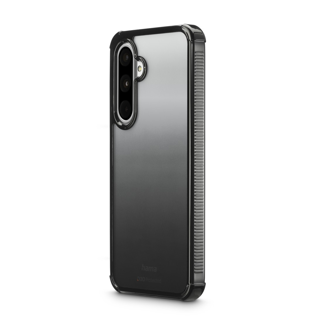 Smartphone in schwarzer Hülle mit Kameraausbuchtung. Gradienten-Rückendesign. Weißer Hintergrund.