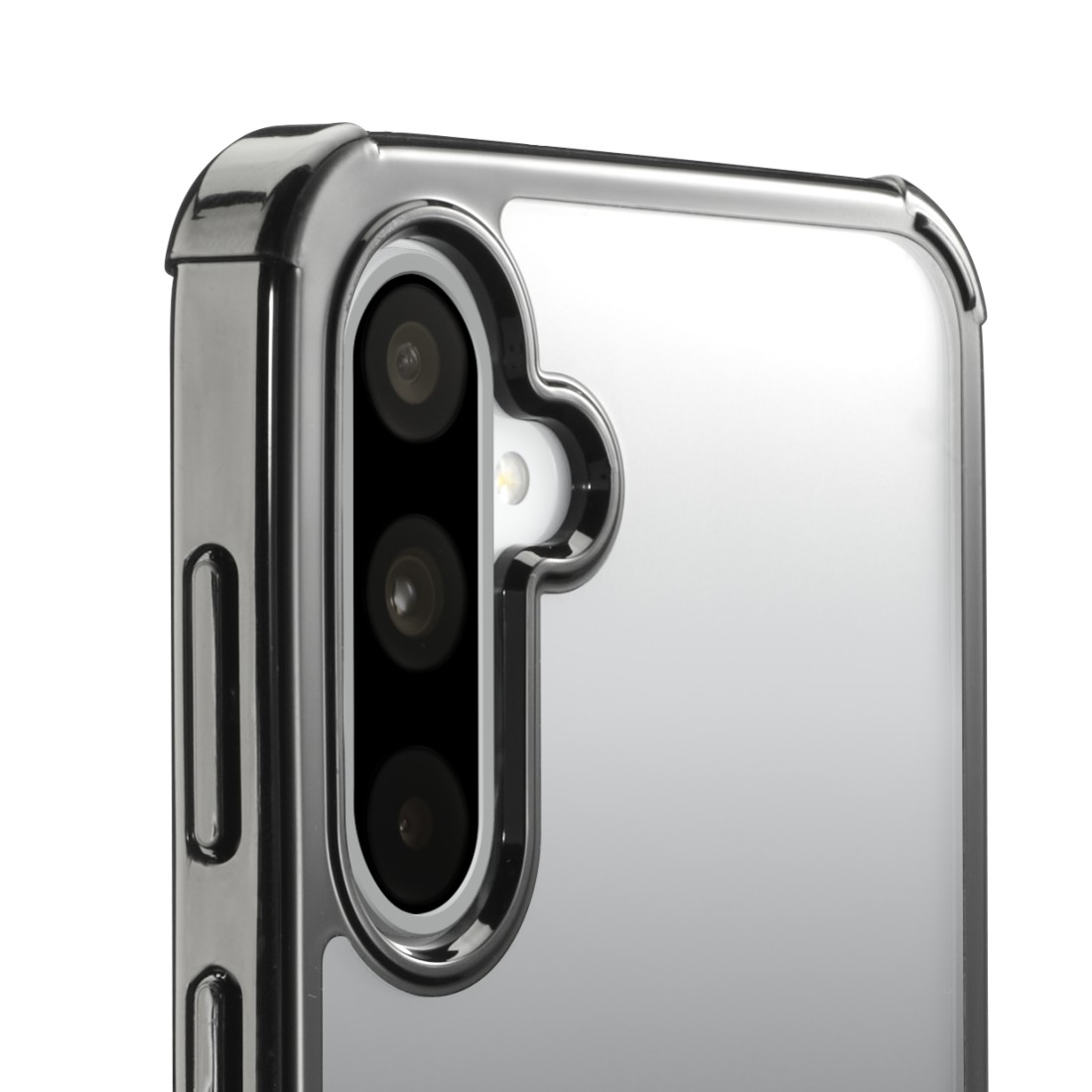 Nahaufnahme eines Smartphone-Kameramoduls in einer transparenten Hülle.