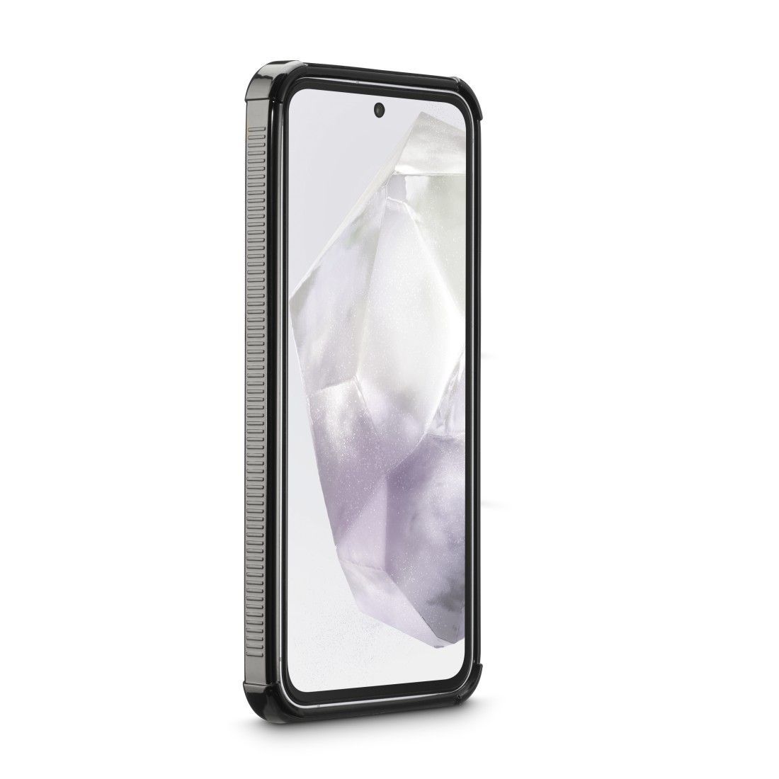 Eine schwarze Handyhülle, die ein Telefon mit weißem Bildschirm zeigt.