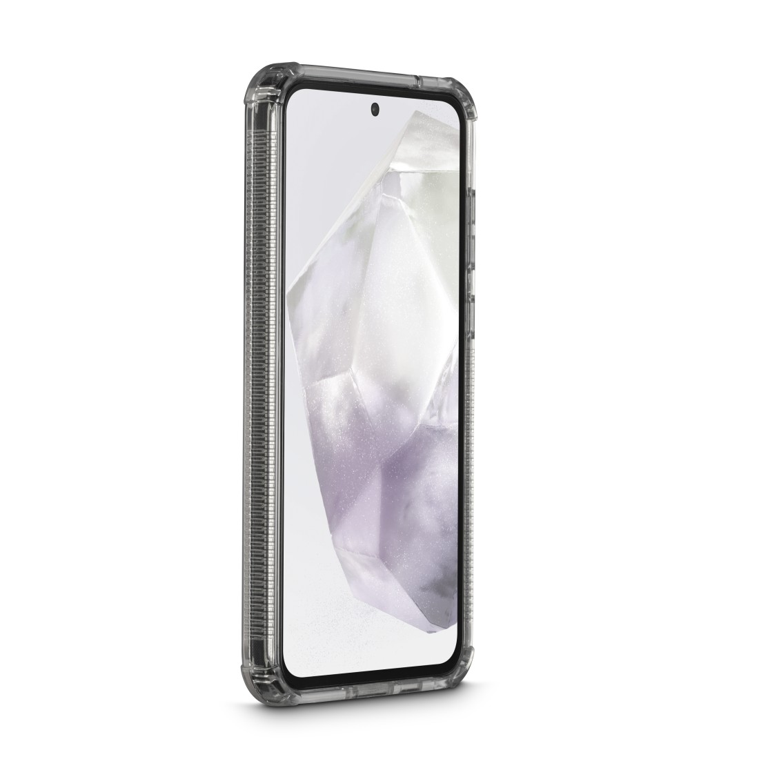 Smartphone in klarer Hülle, zeigt den Bildschirm des Telefons mit weißem Hintergrund.