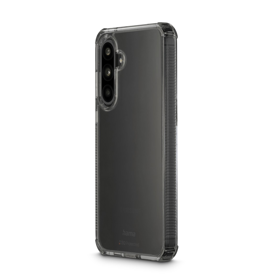 Transparente Handyhülle mit schwarzem Telefon, zeigt Kamera und Knöpfe.