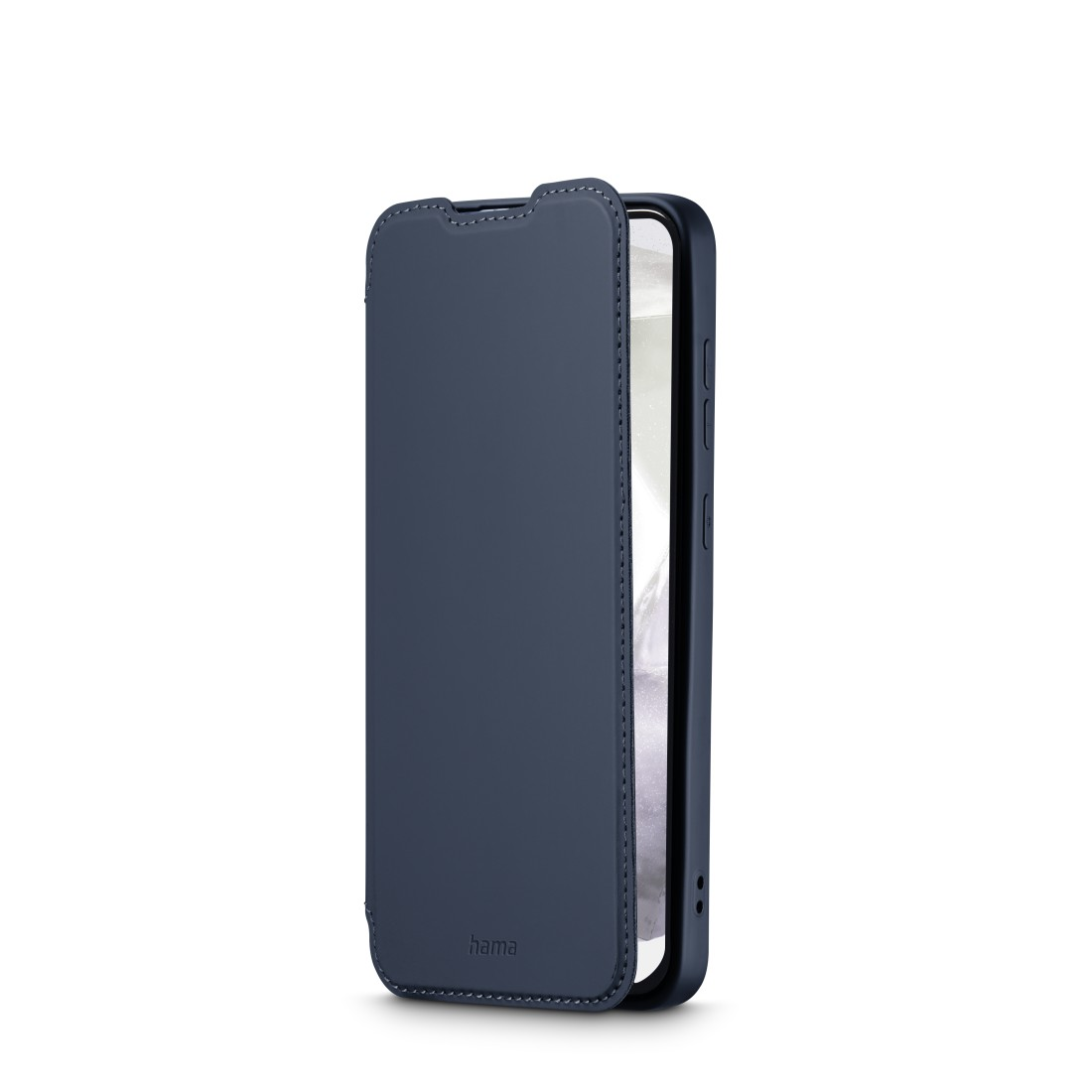 Eine blaue Handyhülle, offen, mit teilweise sichtbarem Telefon.