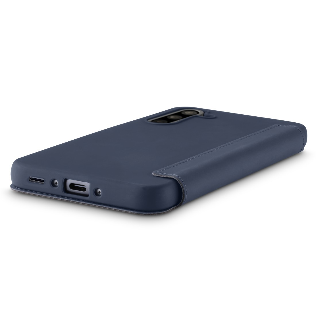 Eine blaue Handyhülle mit Telefon darin, von oben und schräg gesehen.