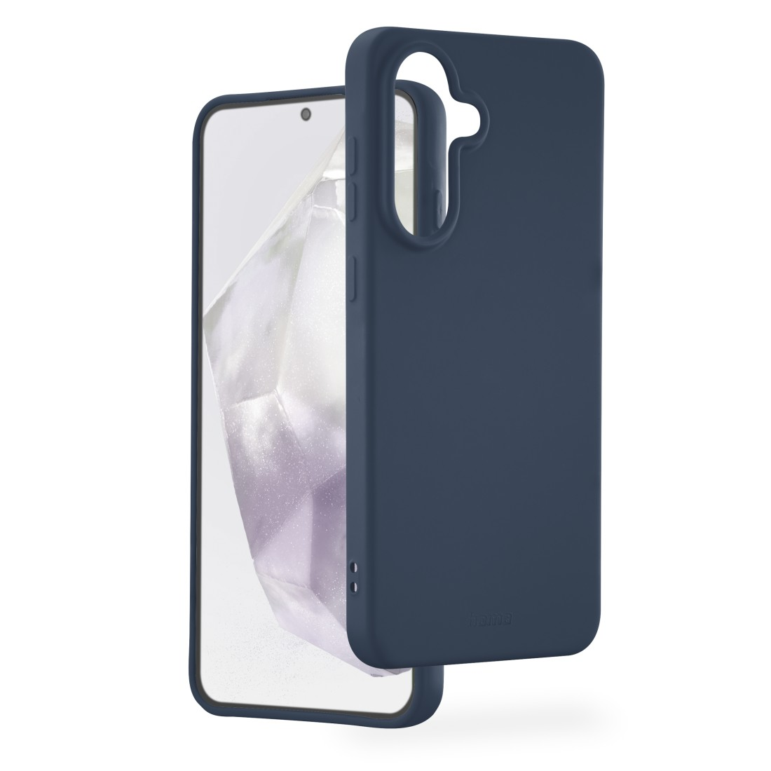 Eine marineblaue Handyhülle neben einem Telefon. Die Hülle ist geöffnet. Weißer Hintergrund.