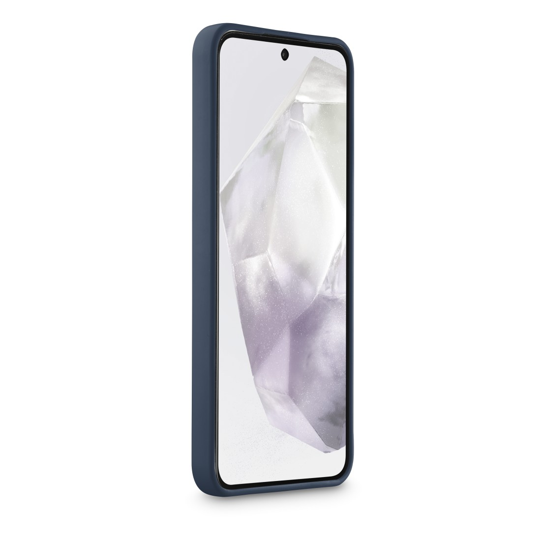 Dunkelblaues Telefon in einer blauen Hülle, mit einem Bildschirm, der ein farbenfrohes Bild anzeigt.