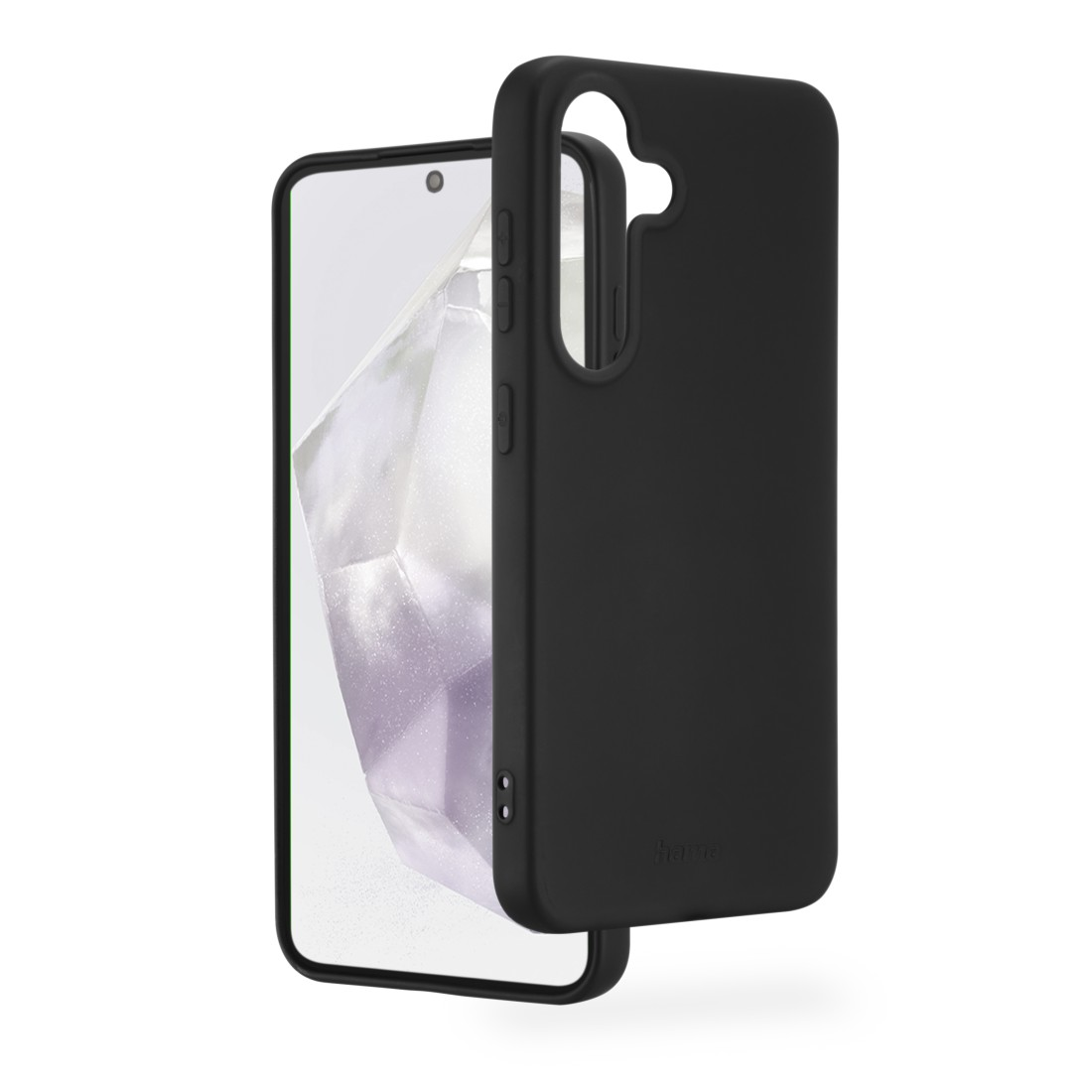 Schwarze Handyhülle, bedeckt teilweise ein Handy mit Bildschirm.
