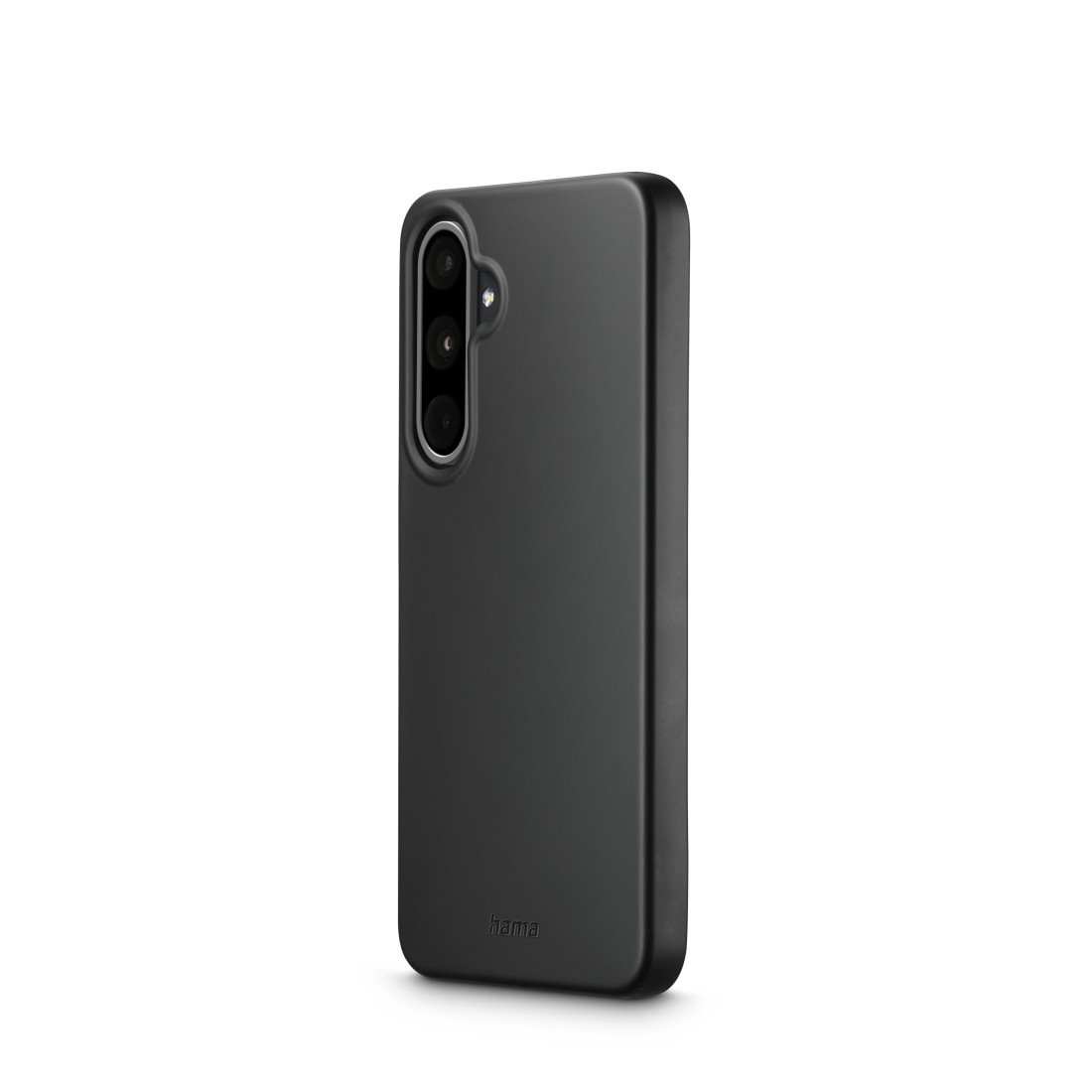 Eine schwarze Telefonhülle mit drei Kameralinsen, leicht angewinkelt.