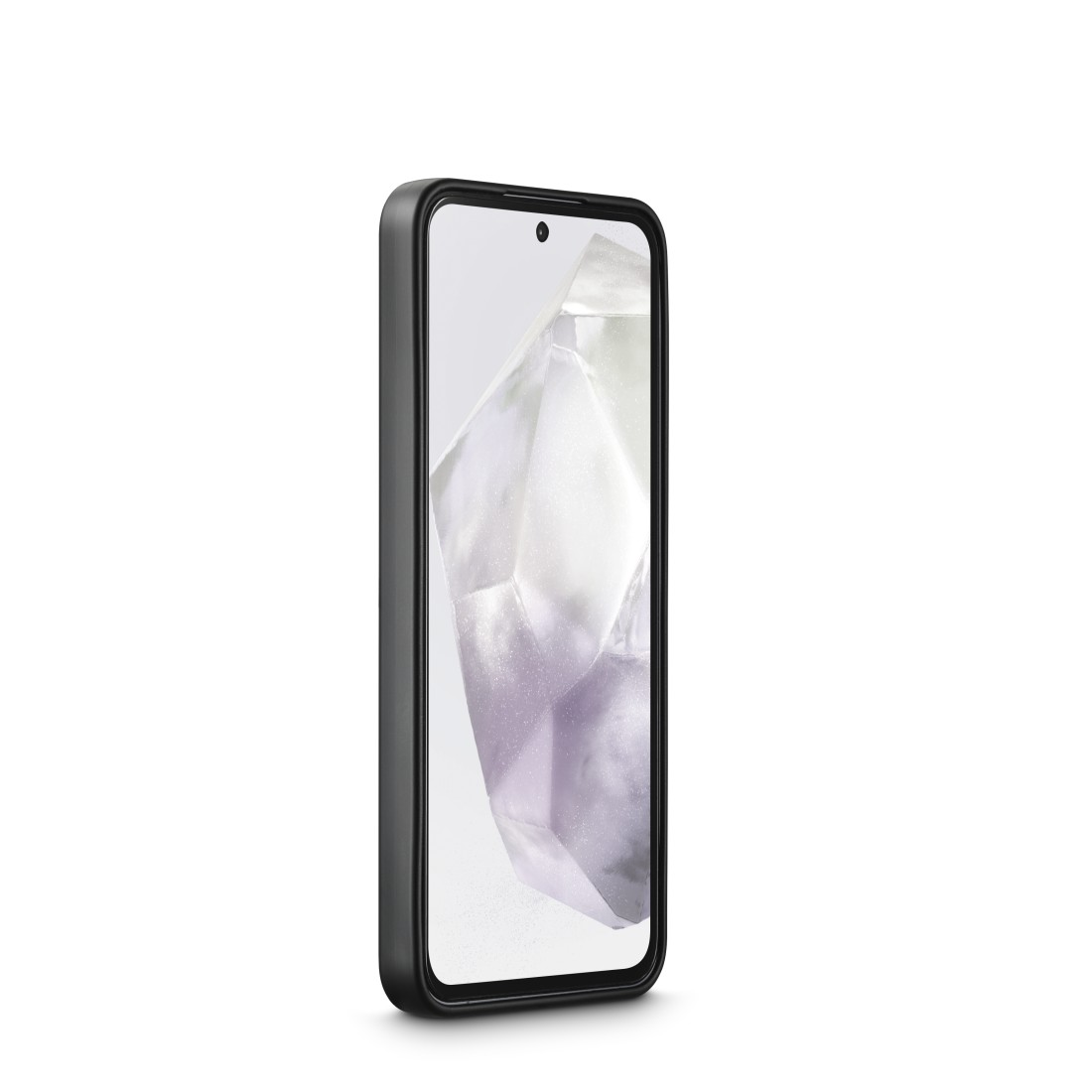 Ein schwarzes Smartphone, von der Seite betrachtet, zeigt einen Bildschirm mit einem geometrischen Design.