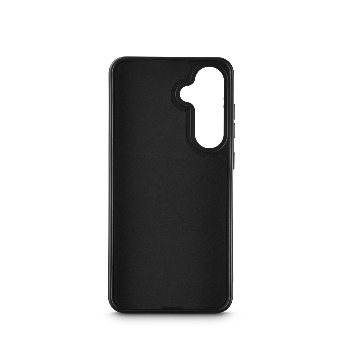 Eine schwarze Handyhülle. Die Hülle hat einen Ausschnitt für die Kamera, und die Innenseite ist sichtbar.