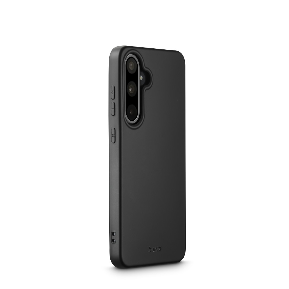 Schwarze Telefonhülle, aufrecht stehend, mit Kameramodul und sichtbaren Knöpfen.