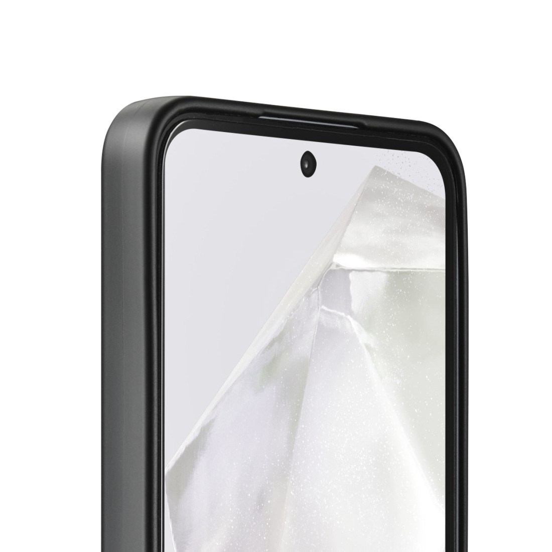 Schwarze Handyhülle mit einem Telefonbildschirm und einer Kamera oben.