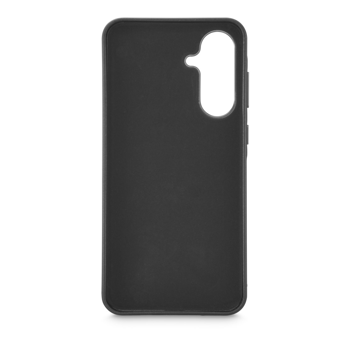 Eine schwarze Telefonhülle mit Kameraausschnitt und Knöpfen an der Seite, weißer Hintergrund.