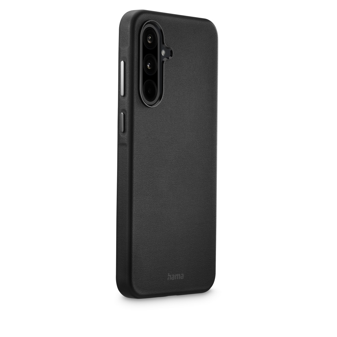 Schwarze Handyhülle, Seitenansicht, schwarzes Telefon mit sichtbaren Kameras, weißer Hintergrund.