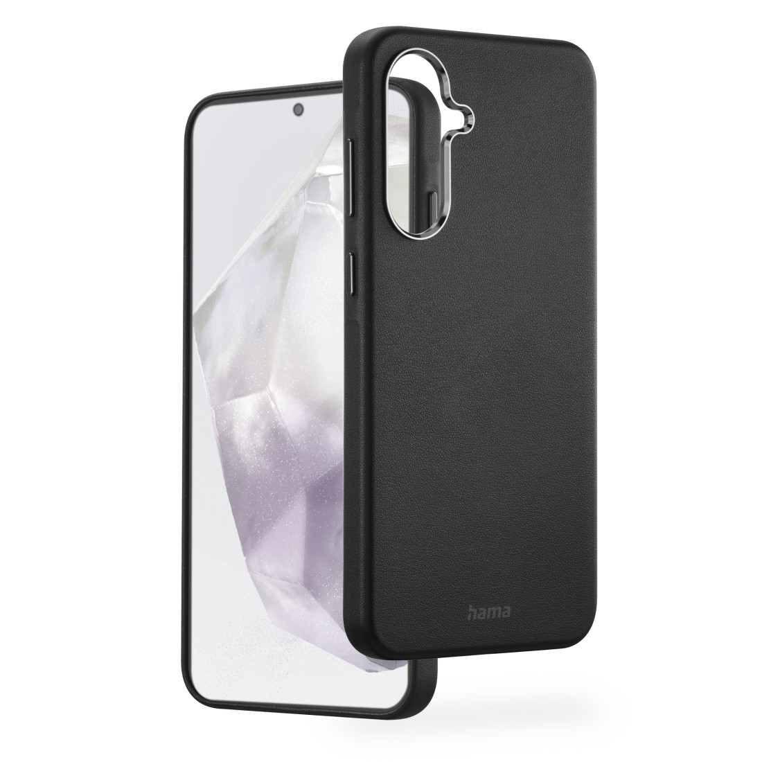 Schwarzes Telefon mit teilweise geöffneter schwarzer Hülle, zeigt Bildschirm, mit Hama-Logo.