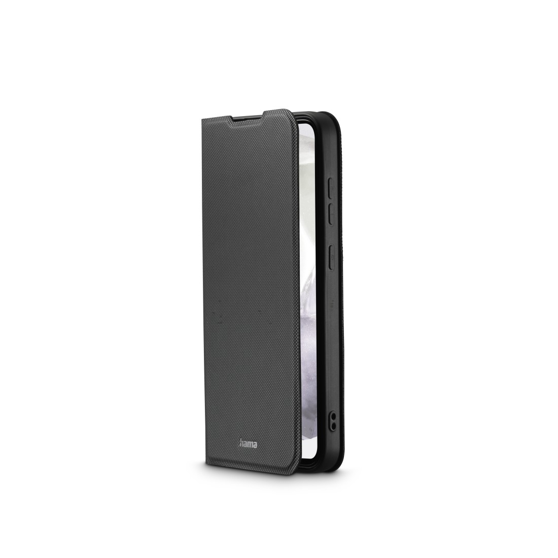 Eine schwarze Handyhülle ist geöffnet und zeigt die Seite des Telefons. Strukturierte Außenseite, mit geöffneter Handyhülle.