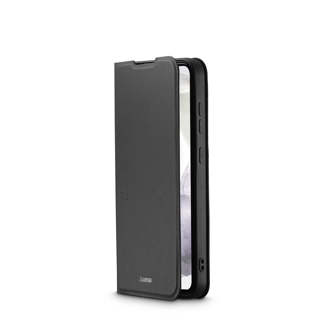 Telefon in einer Hülle, Deckel offen. Graue strukturierte Abdeckung und schwarzer Rahmen sichtbar.