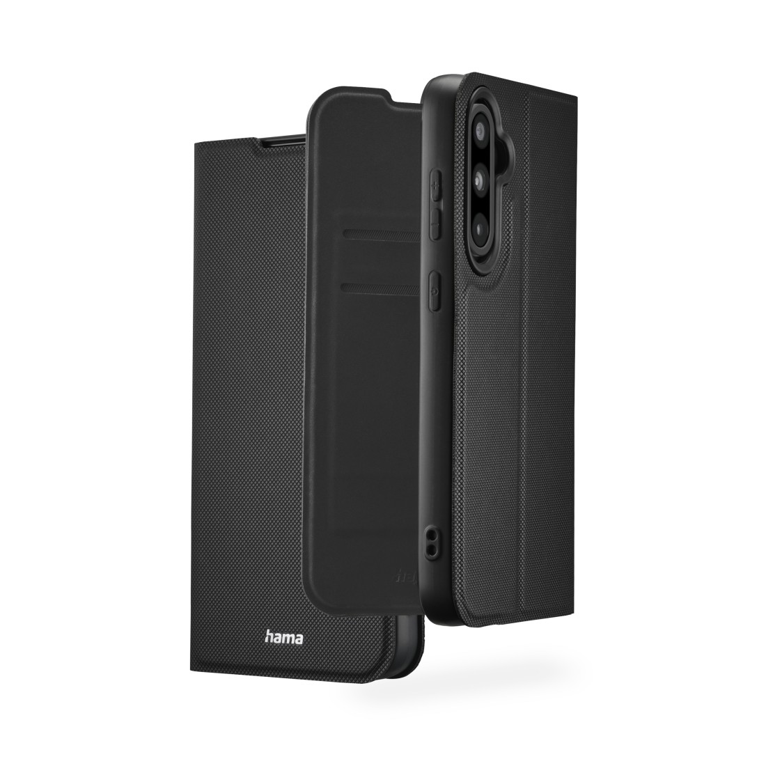 Schwarze Handyhülle, geöffnet. Das Telefon ruht in einem schwarzen Rahmen. Die Innenseite ist strukturiert.