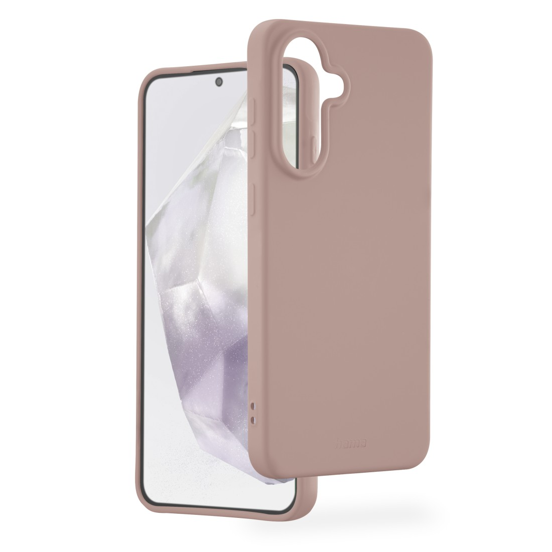 Eine rosa Handyhülle wird neben einem Handy gehalten. Der Handybildschirm ist sichtbar.