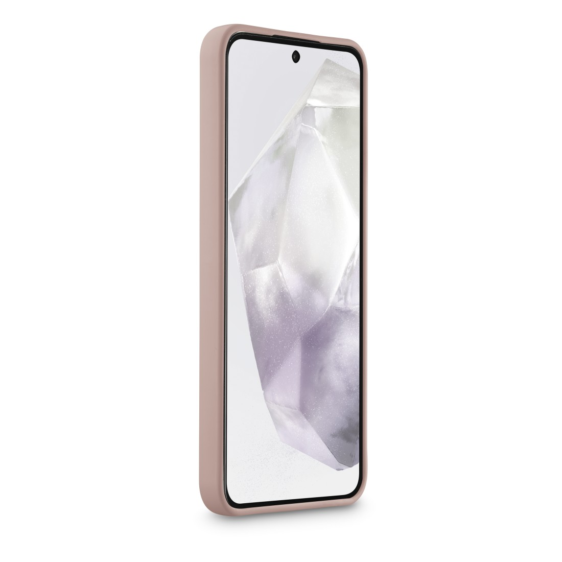 Rosa Telefonhülle mit Telefon, zeigt weißes und graues Design auf dem Bildschirm.