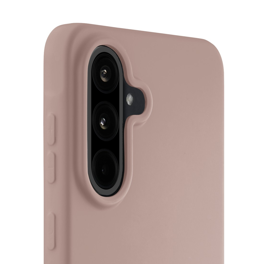 Nahaufnahme eines rosa Telefon-Kameramoduls mit drei schwarzen Kameralinsen.