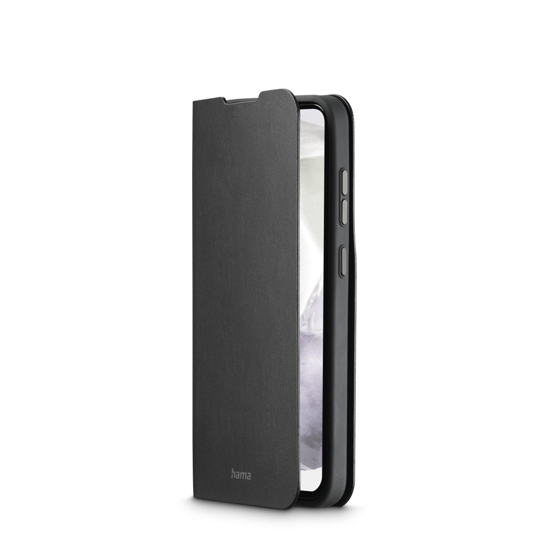 Schwarze Handyhülle geöffnet. Telefonbildschirm sichtbar. Weißer Hintergrund.