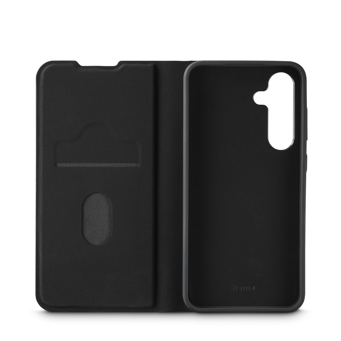 Schwarze Handyhülle, offen, zeigt den Innenraum und eine Telefonkontur, mit Geldfach.