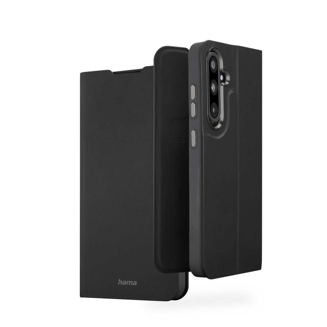 Eine schwarze Handyhülle, geöffnet, mit einem Telefon darin.