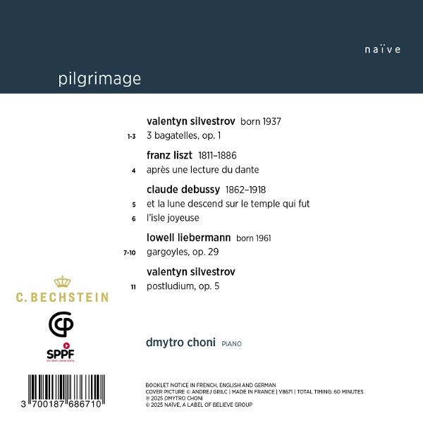 Ein Buchcover mit dem Titel „pilgrimage“ und Noten, sowie ein kleines Logo.