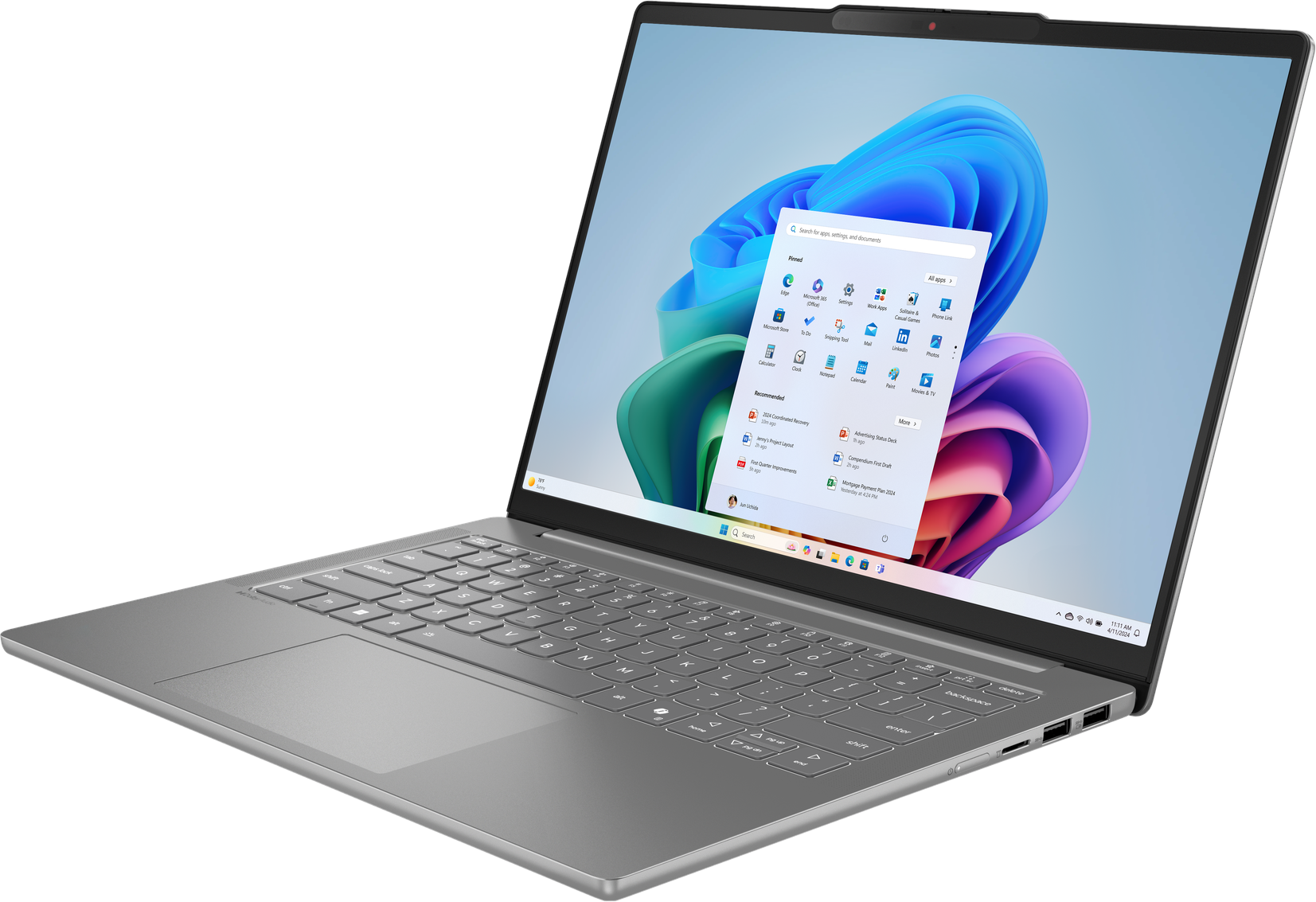 Grauer Laptop, geöffnet, zeigt eine Windows 11-Oberfläche. Der Bildschirm zeigt App-Symbole.