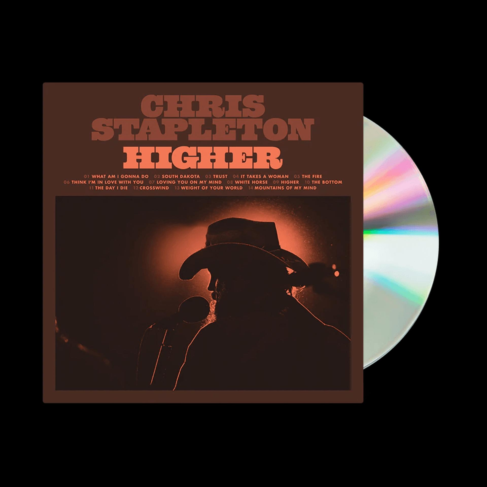Album borító Chris Stapleton nevével és a 'Higher' album címmel. Egy CD látható fekete háttéren.