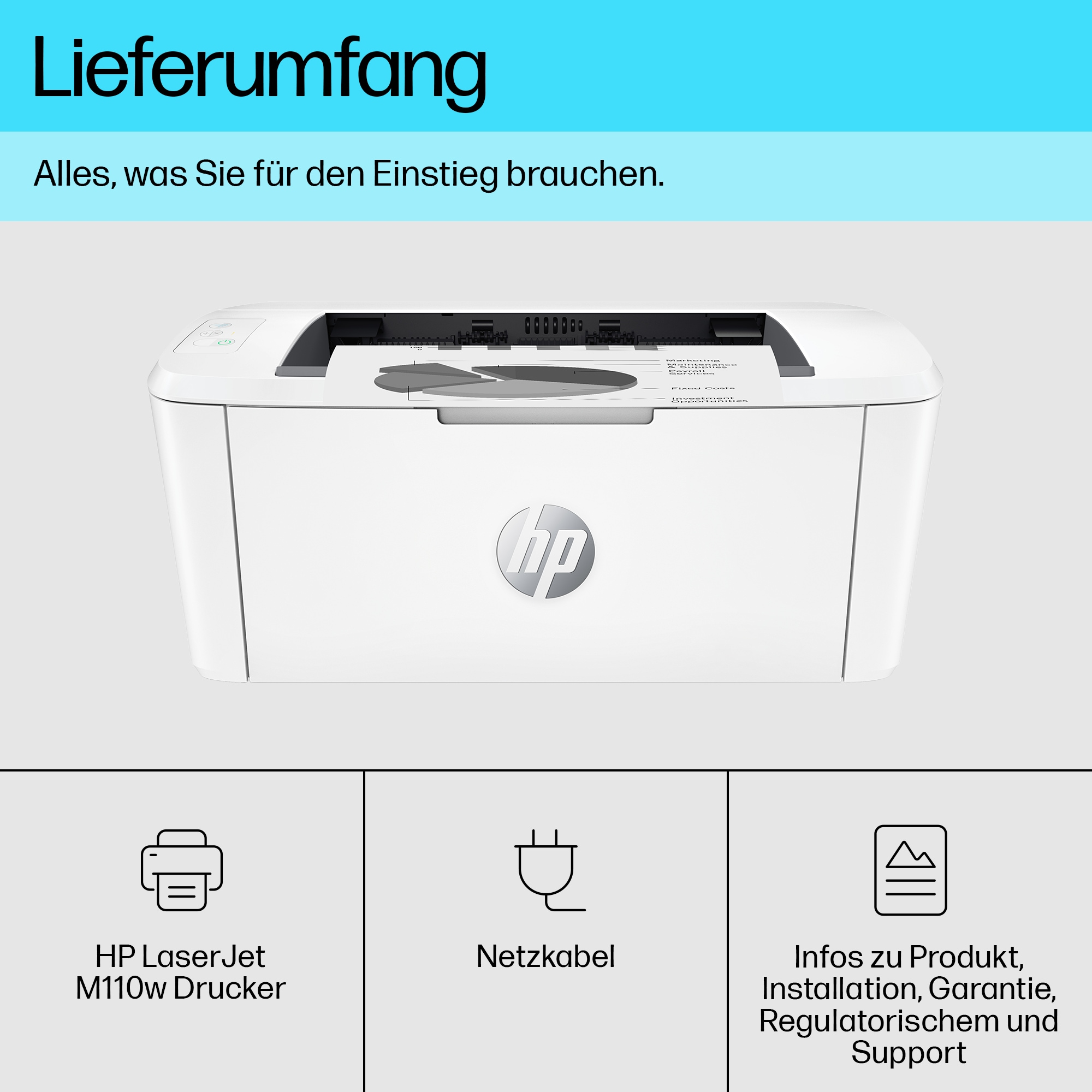 Weißer HP-Drucker mit Text 'Lieferumfang'. Darunter Symbole und Text zum Produkt.