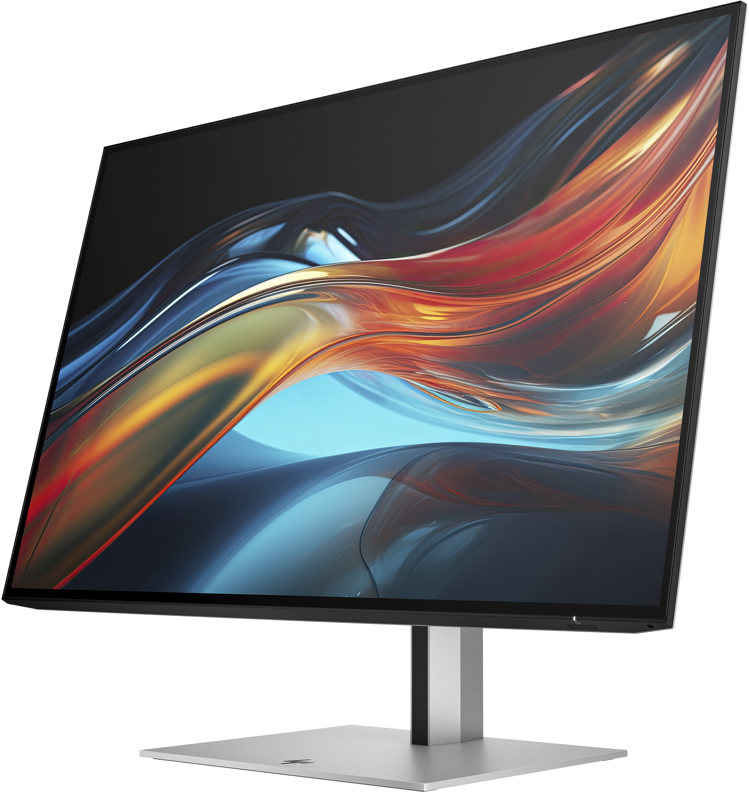 Ein Monitor zeigt ein farbenfrohes, fließendes Design auf einem silbernen Ständer, der für einen modernen Look abgewinkelt ist.