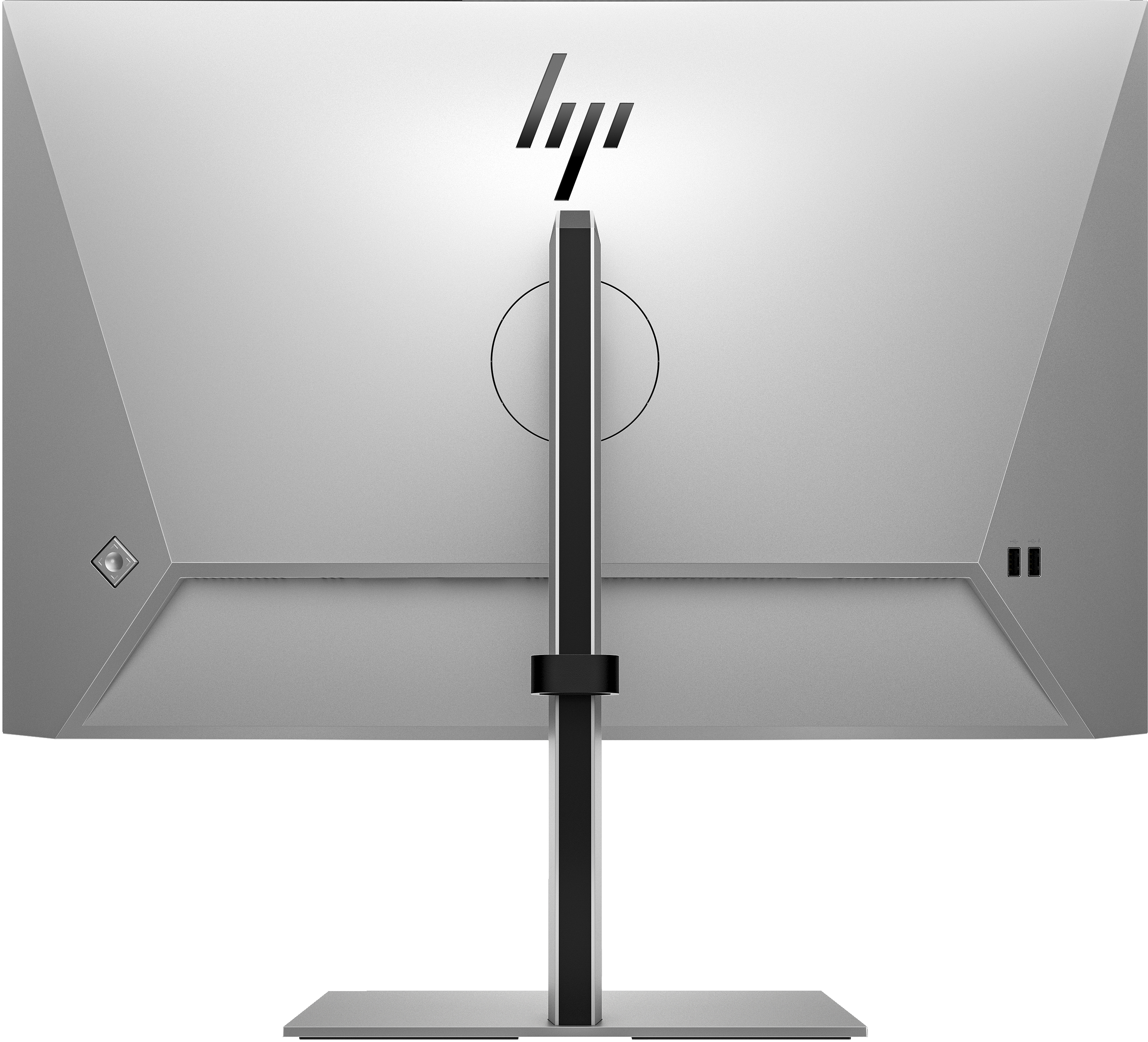 Die Rückseite eines silbernen HP-Monitors mit schwarzem Logo, Ständer und Anschlüssen vor einem schlichten Hintergrund.