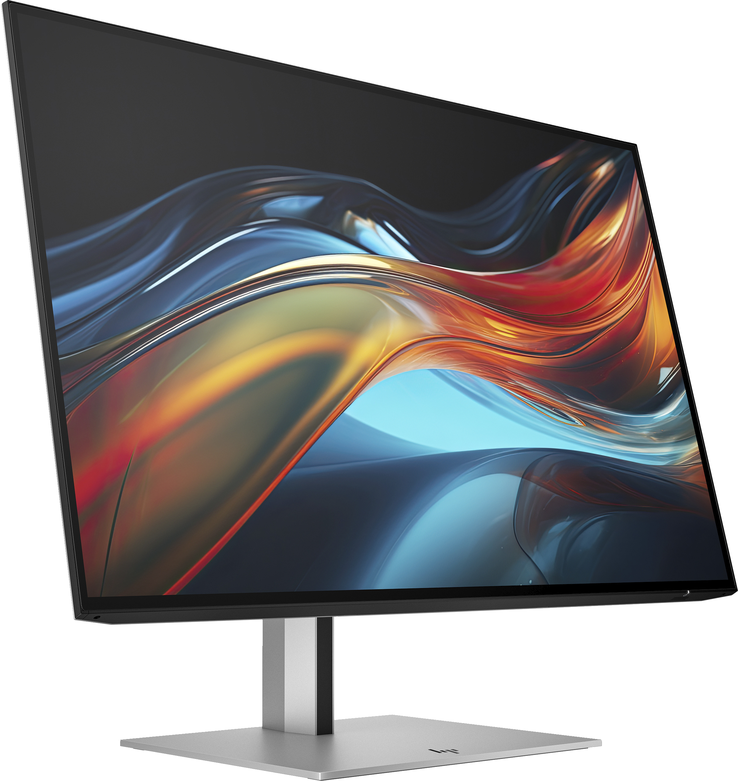 Ein Computermonitor mit silbernem Ständer zeigt einen lebendigen, abstrakten Hintergrund.