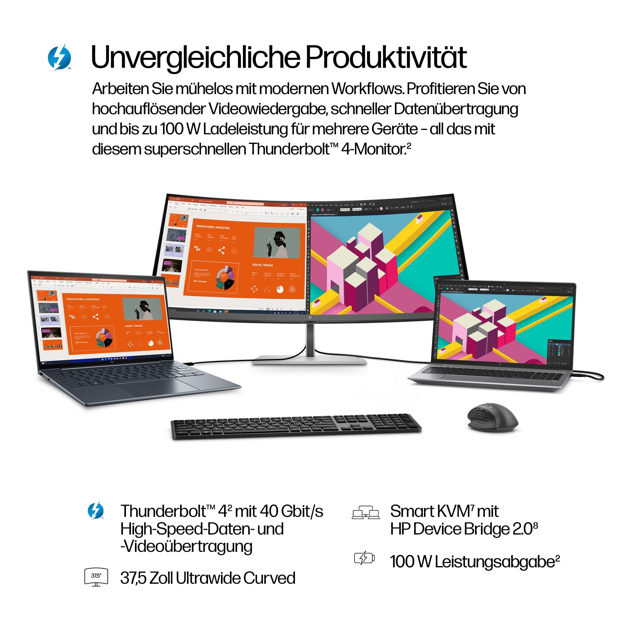 Mehrere Bildschirme zeigen einen Laptop, zwei Monitore und einen Laptop mit Tastatur und Maus.