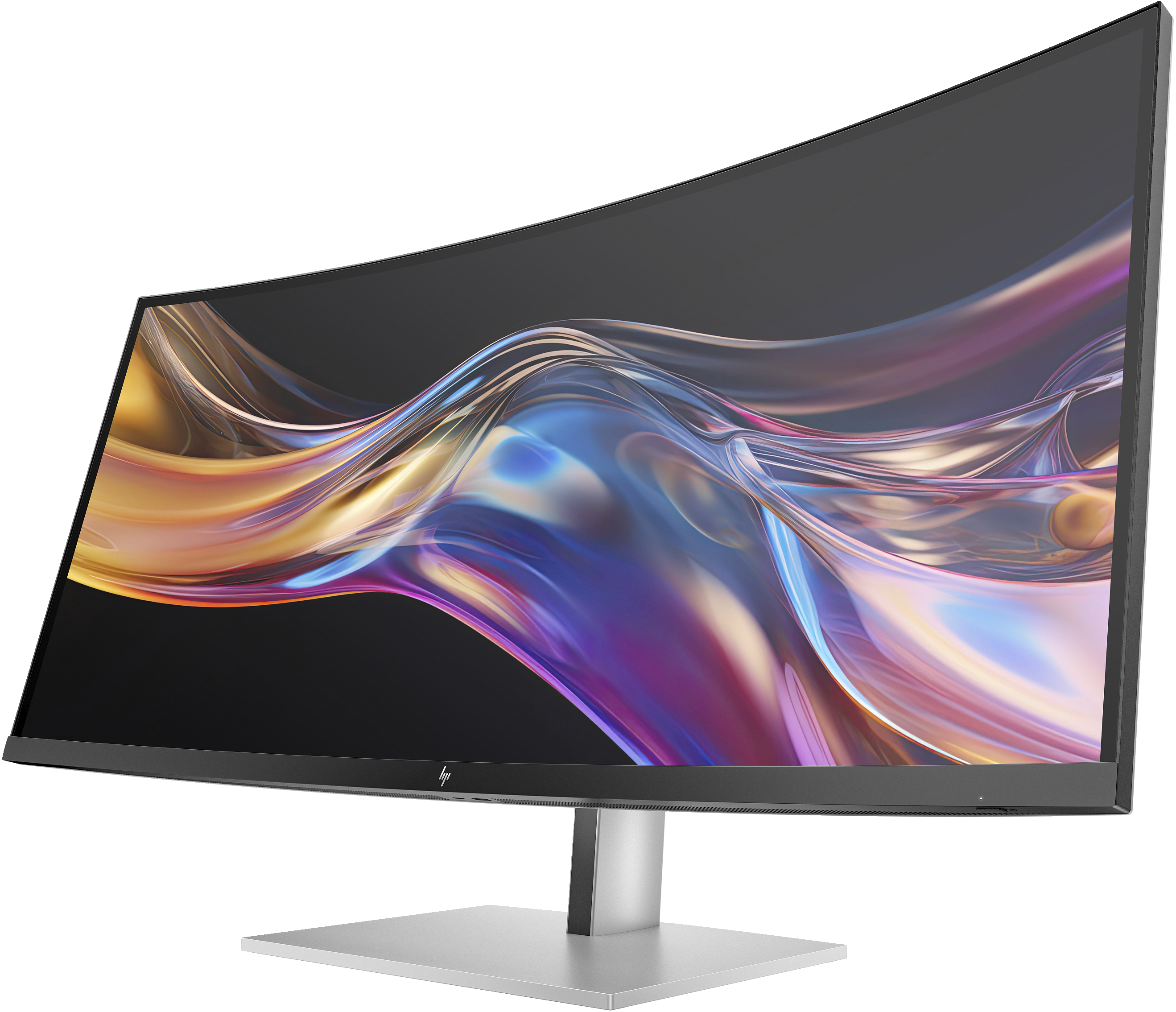 Gebogener Monitor mit farbenfrohem Display, silbernem Ständer und schwarzem Rahmen, auf weißem Grund.
