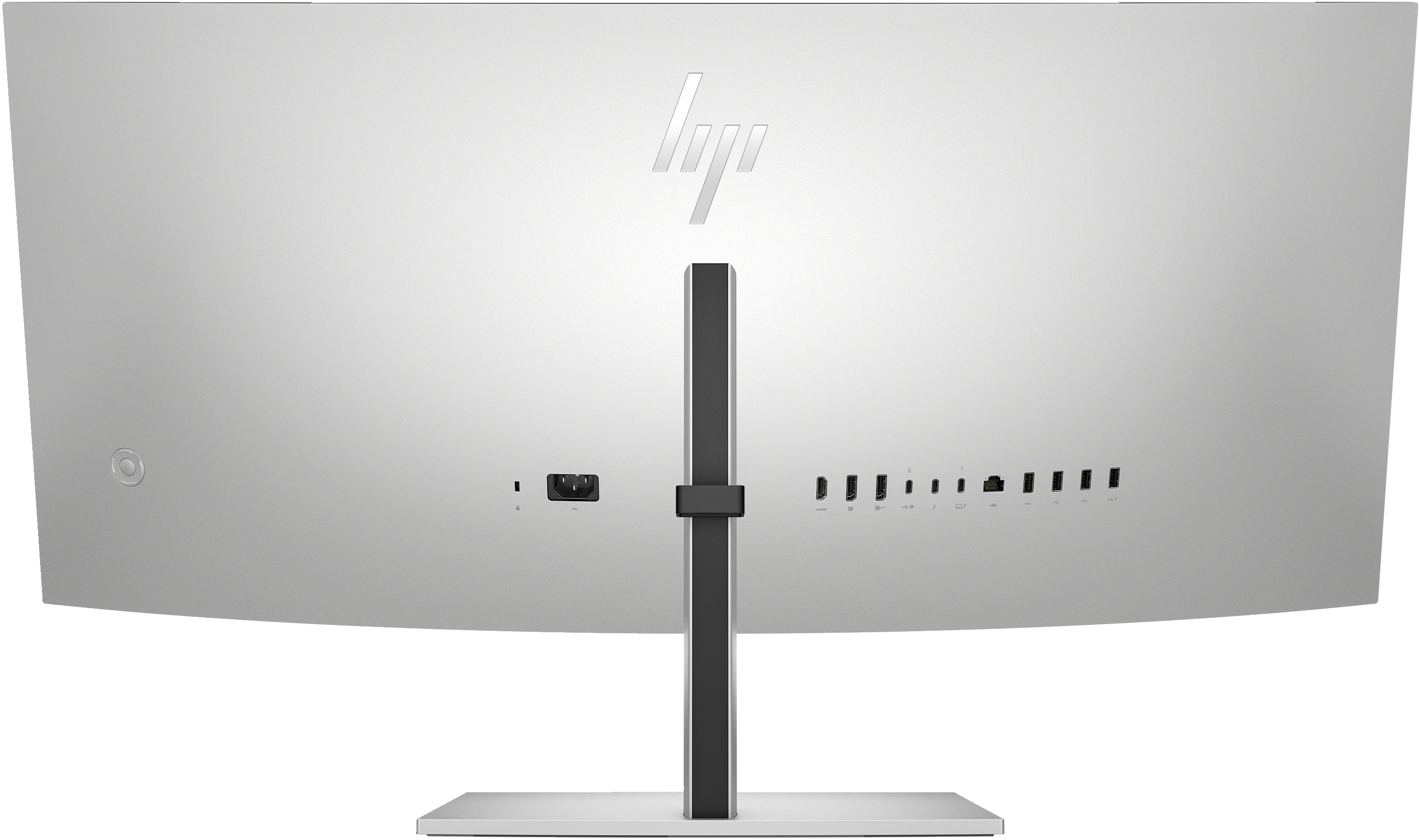 Ein weißer HP-Monitor, der die Rückseite mit Anschlüssen und einem Ständer zeigt.
