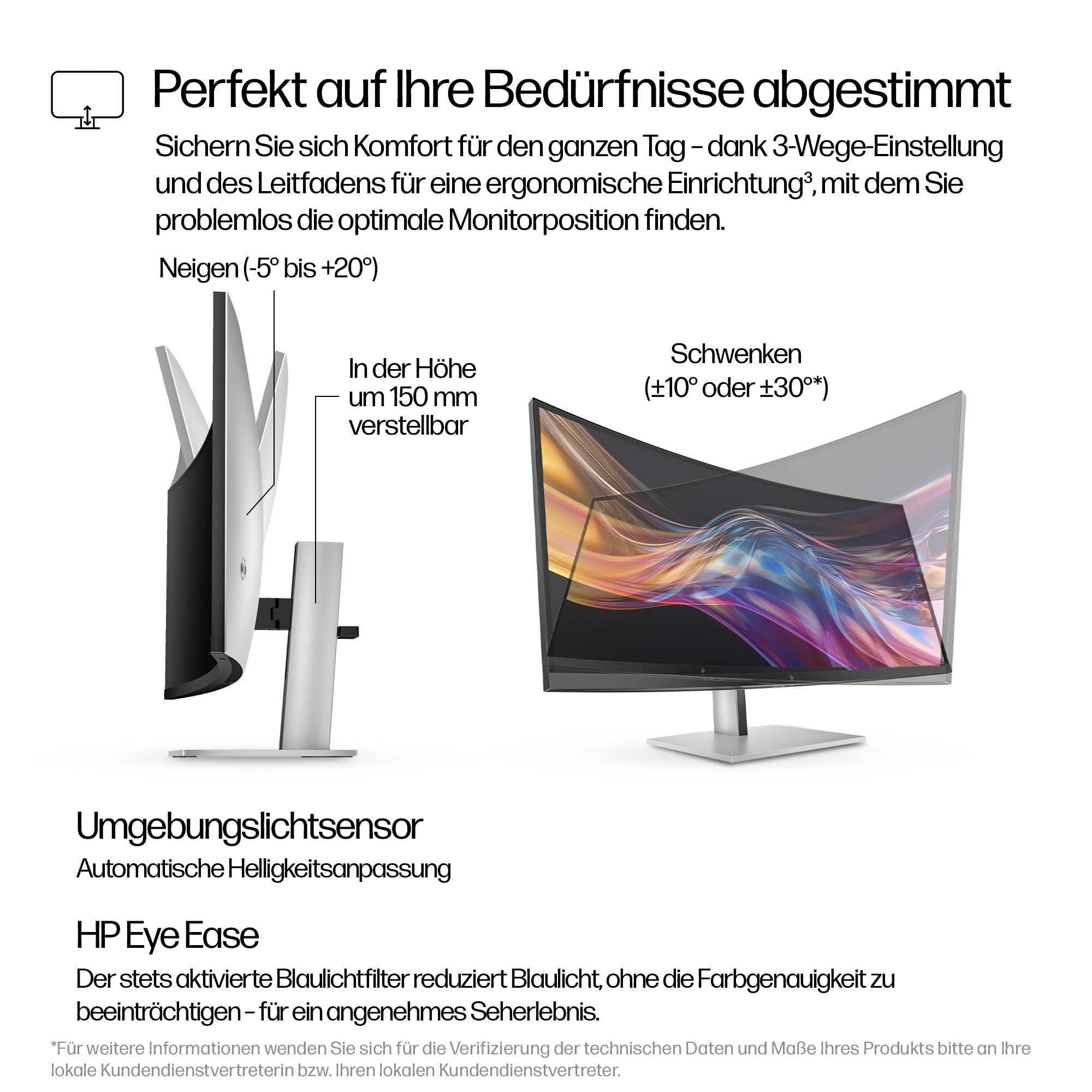 Zwei Computermonitore mit einstellbarer Höhe und Winkeloptionen auf weißem Hintergrund.