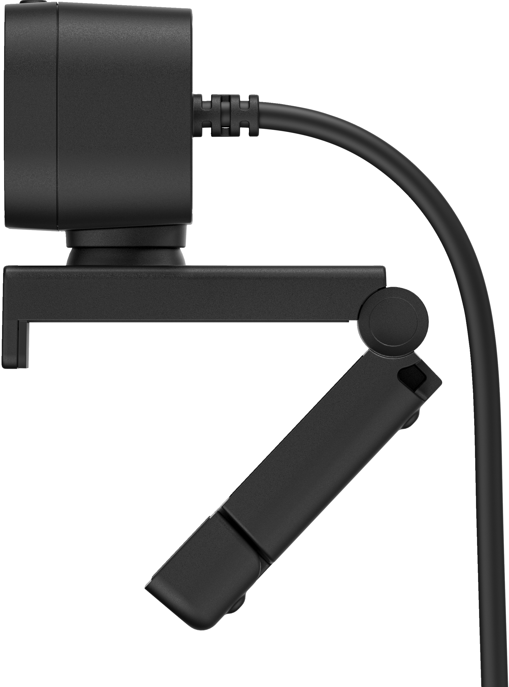 Nahaufnahme einer schwarzen Webcam, abgewinkelt, zeigt Linse und Halterung mit Kabel.