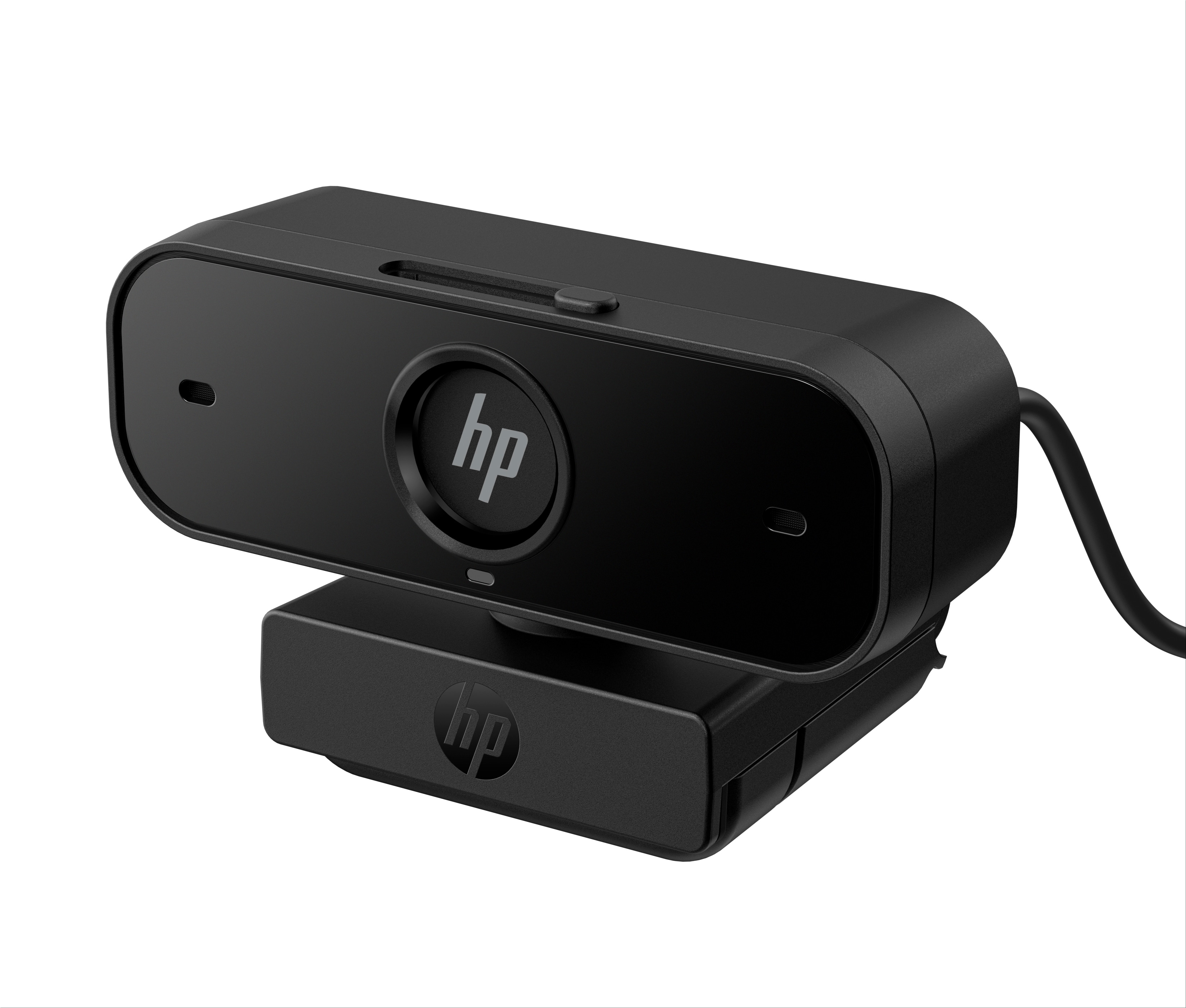 Schwarze Webcam mit HP-Logo, die Linse ist sichtbar. Die Webcam steht auf schwarzem Sockel.