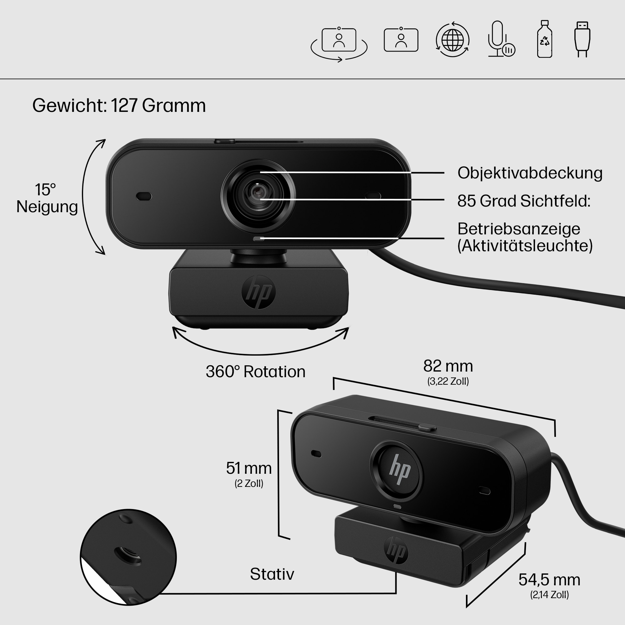 Diagramm, das eine schwarze Webcam, Abmessungen, Drehung und Funktionen mit deutschem Text zeigt.