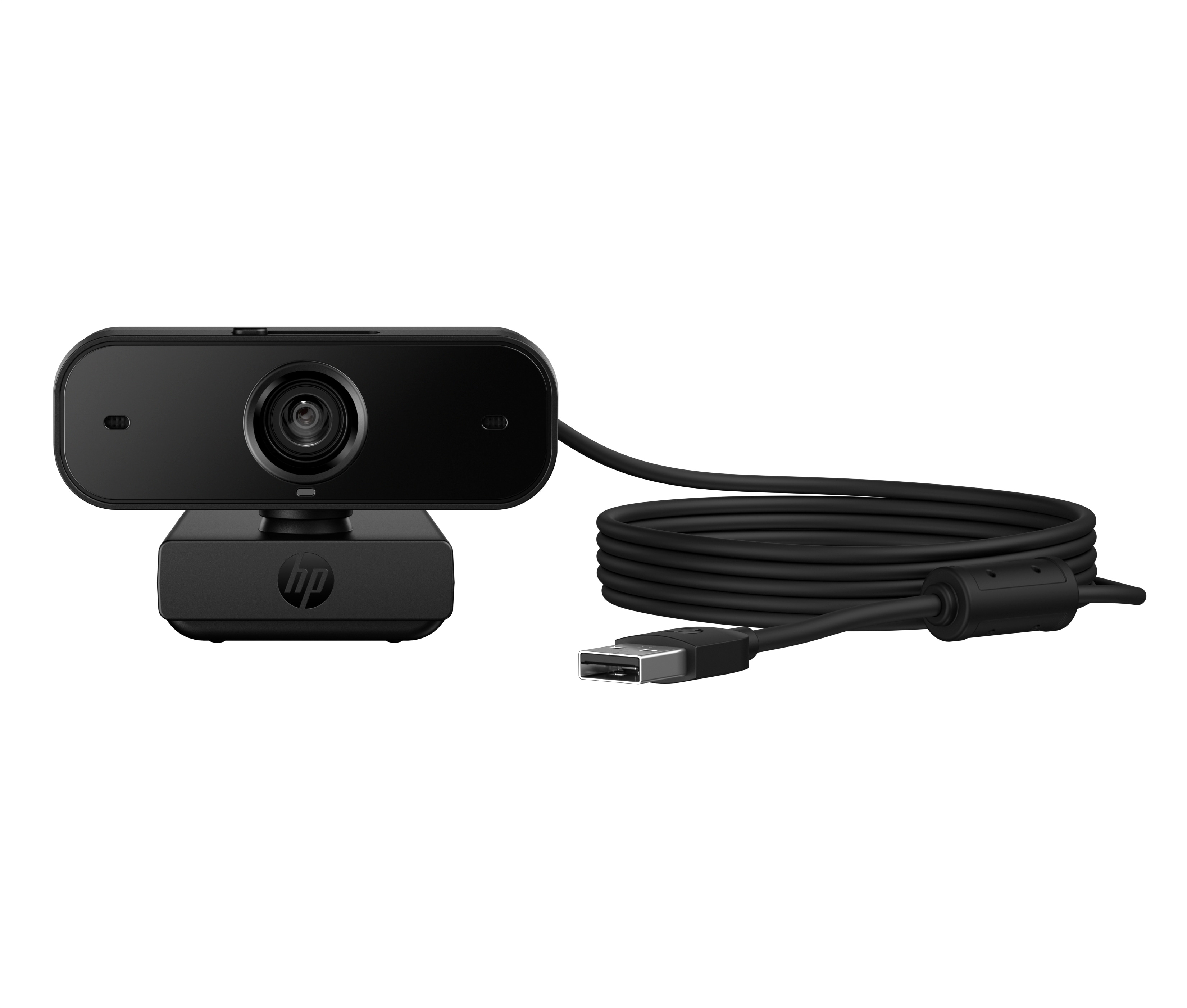 Schwarze Webcam mit USB-Kabel, die Kamera sitzt auf schwarzem Sockel mit HP-Logo.