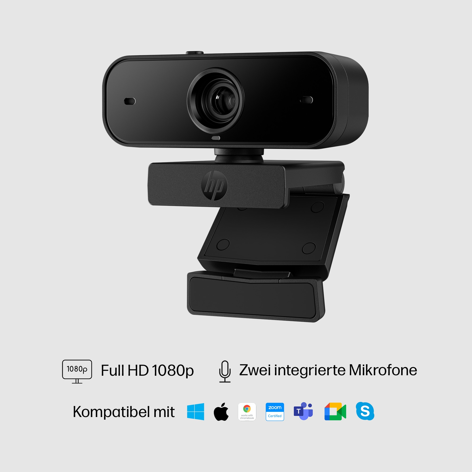 Schwarze Webcam zeigt Linse, zwei Mikrofone und Kompatibilitätssymbole mit Produktdetails.