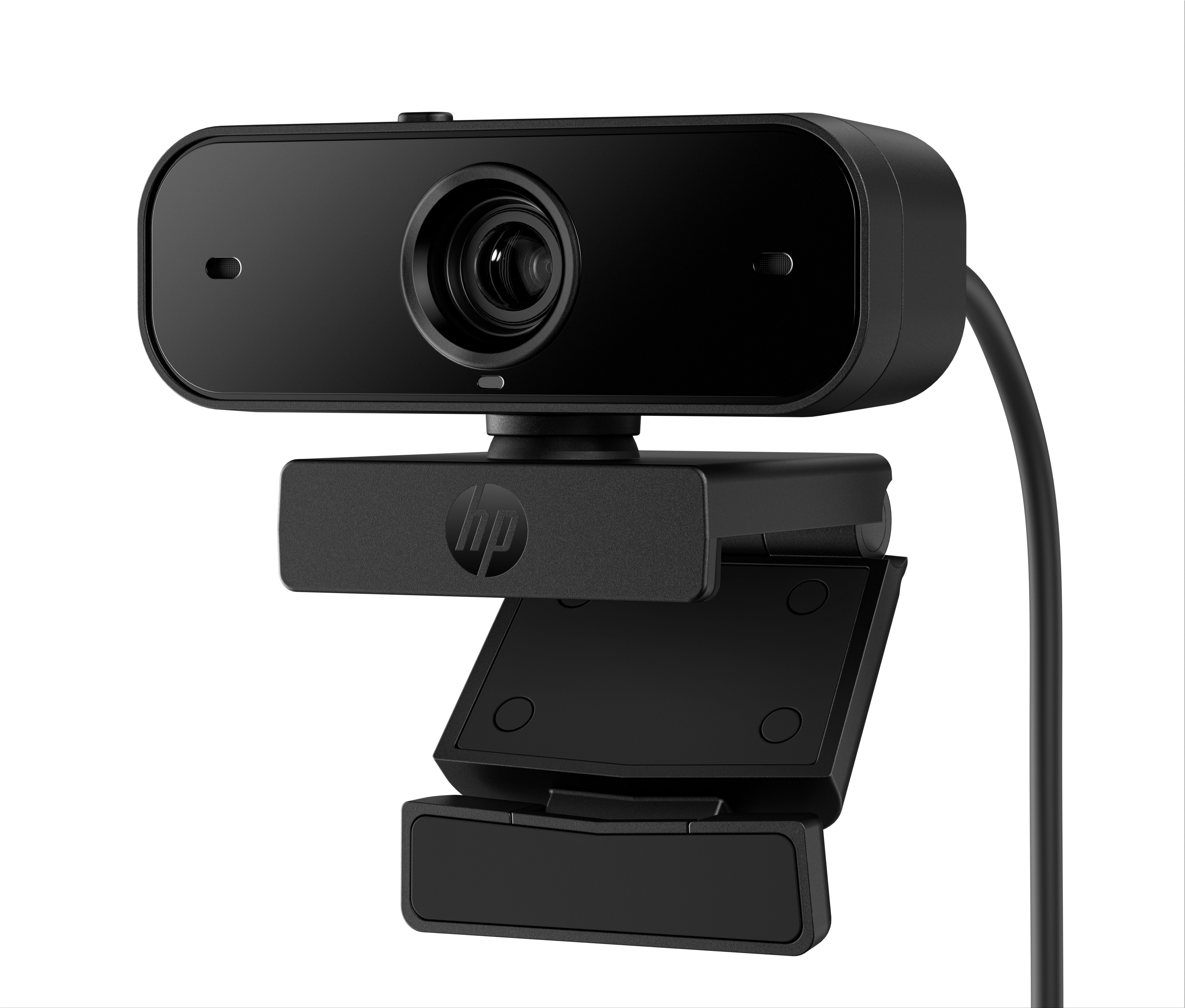 Schwarze Webcam mit schwarzem Sockel und Halterung, zeigt die Linse und das HP-Logo.