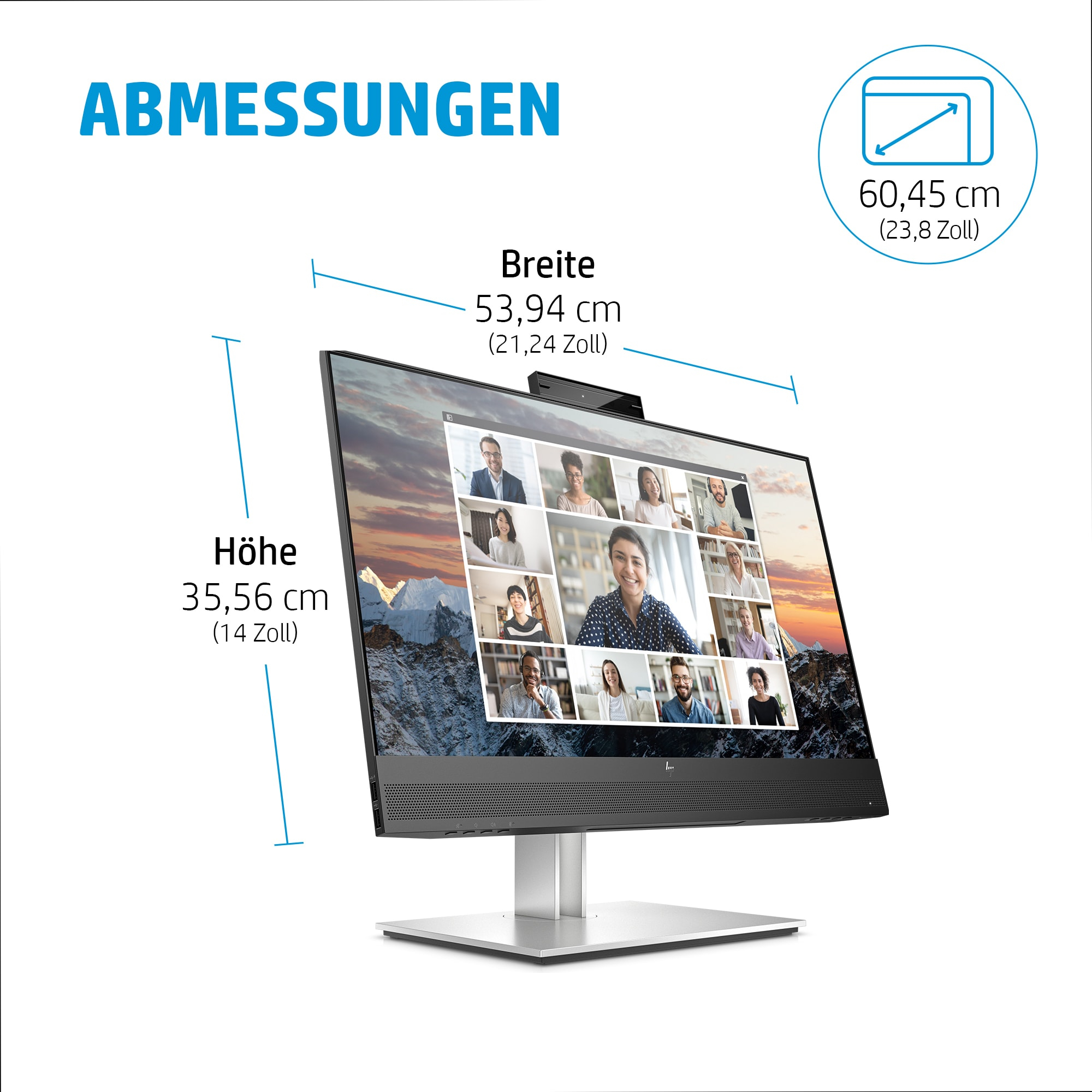 Ein großer Computermonitor, der einen Videoanruf anzeigt. Abmessungen werden angezeigt.
