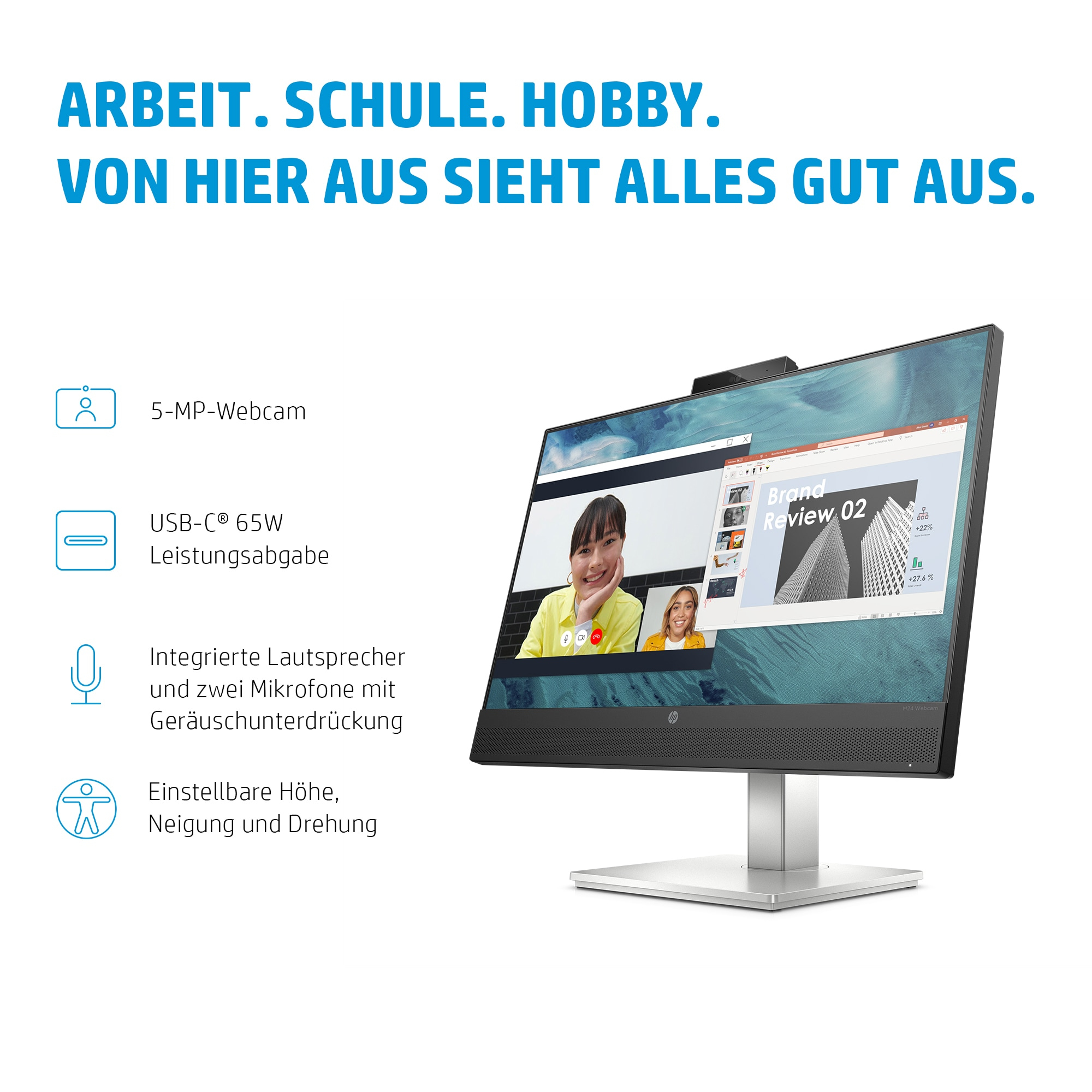 Desktop-Monitor mit Videoanruf. Merkmale: Webcam, USB-C und höhenverstellbar.