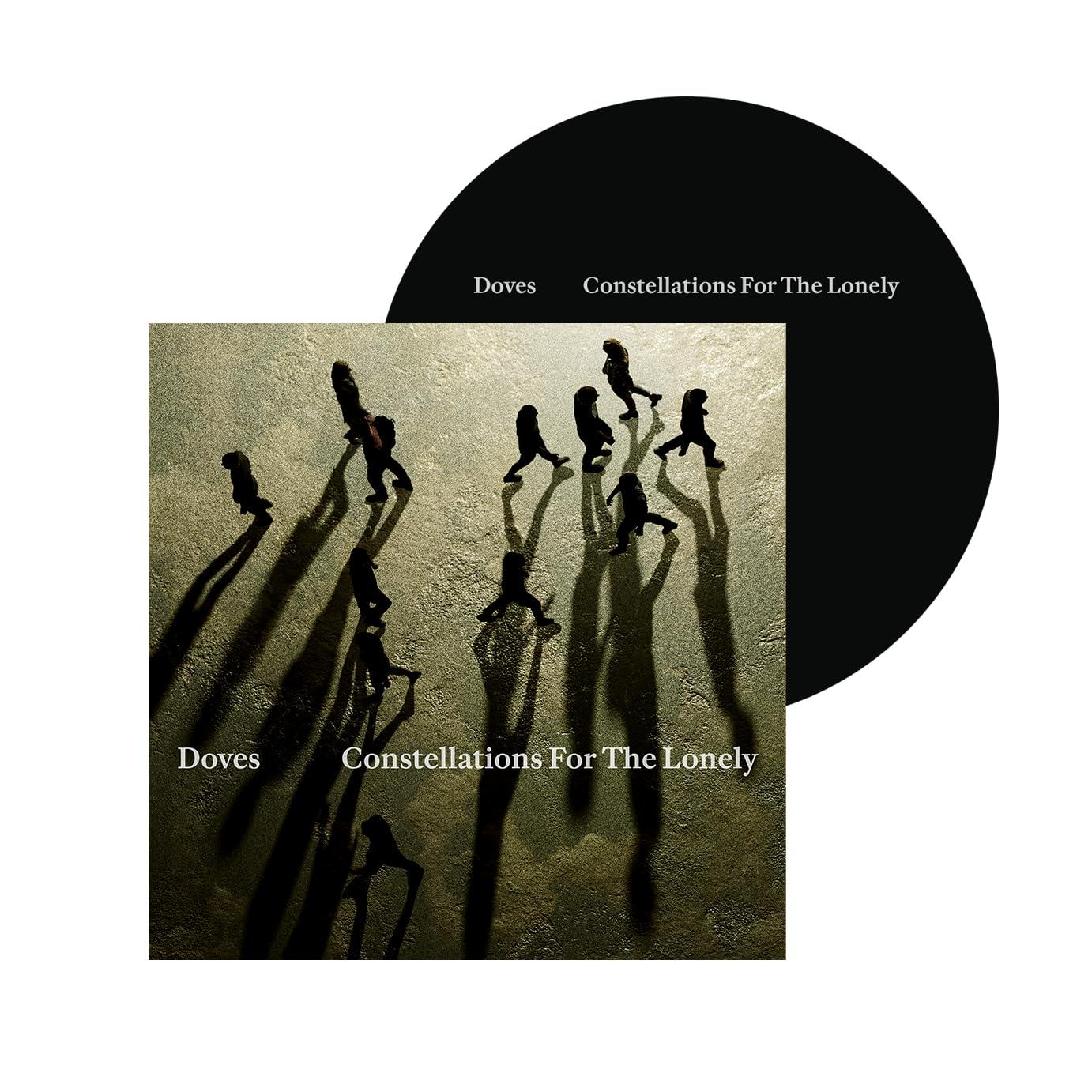 Albumcover mit Silhouetten von Personen, die gehen. Rechts ist eine schwarze Scheibe.