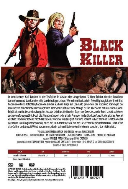 Filmposter für 'Black Killer'. Es zeigt zwei Männer mit Waffen und Text auf Englisch, Italienisch und Deutsch.
