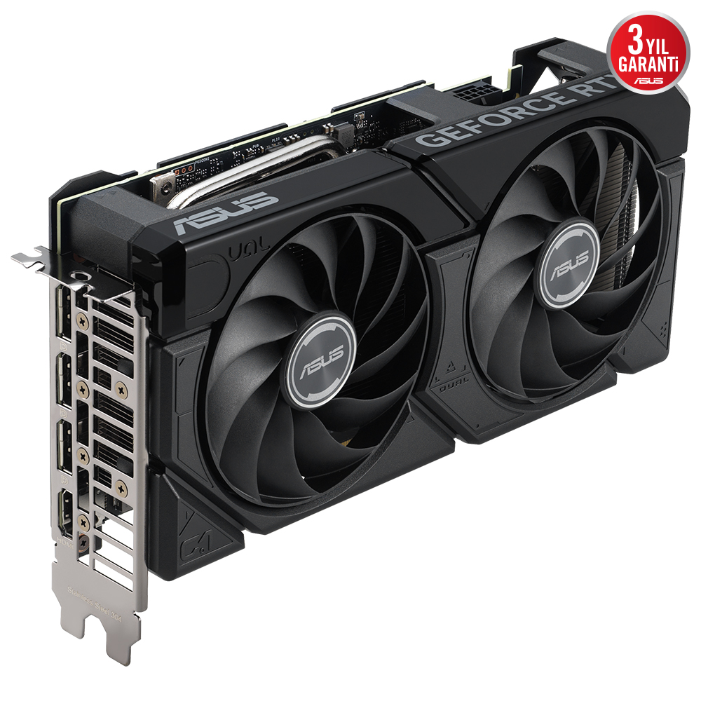 İki fan ve ASUS logosu ile siyah ve gümüş bir grafik kartı.